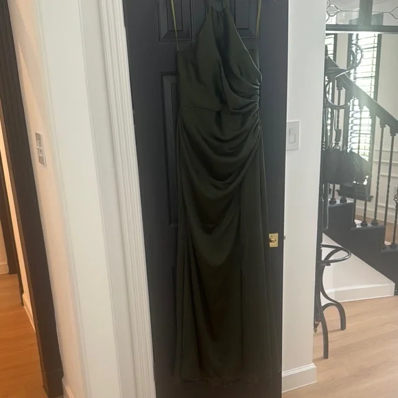 Revelry Fallon Satin Dress in Deep Olive - Picture 4 of 6